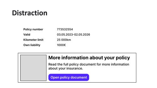 An interface including a list of key-value pairs (policy number, valid, kilometer limit, own liability) and a big call-to-action box labelled "more information abut your policy".