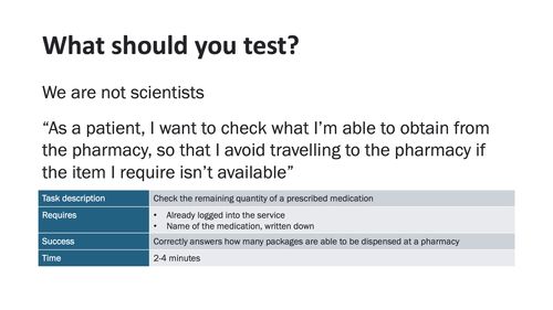 What should you test? The slide contains the words "we are not scientists", followed by an example user story (included below) and sample task (also below).