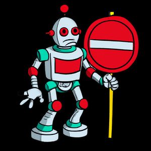 A cartoon robot holds a red 'no entry' sign.