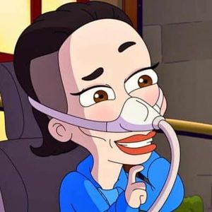 A cartoon representation of Alice Wong, an Asian American woman in a powered wheelchair wearing a CPAP mask over her nose and smiling.